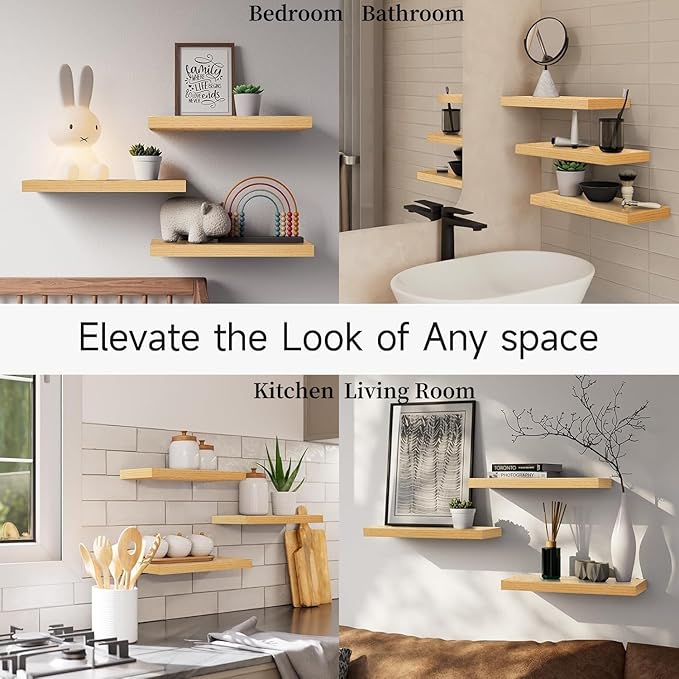 BAYKA Floating Shelves for Wall, Wall Mounted Rustic Wood Shelves for Bathroom, Bedroom, Living Room, Kitchen,Small Hanging Shelf for Books/Storage/Room Decor (Light Oak-Toned, Set of 3, 15.7in)