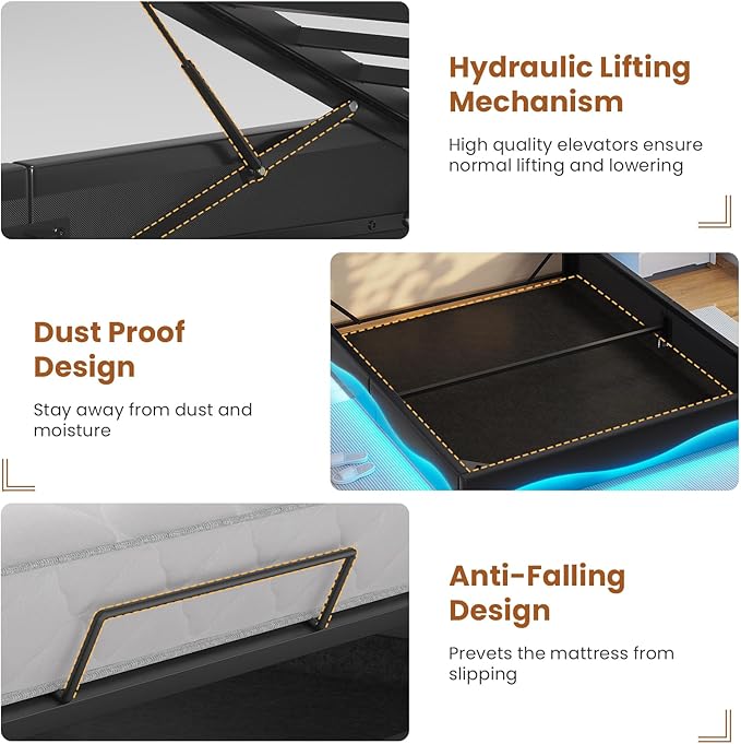 ADORNEVE Lift Up Storage Full Size Bed Frame with Type-C Charging Station& Hidden Storage Headboard, LED Lights Upholstered Platform Bed,Full Bed with Hydraulic, No Box Spring Needed,Black