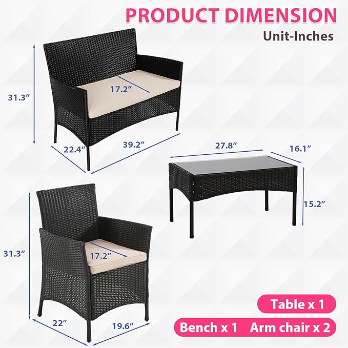 FDW Rattan Furniture Wicker Chair Patio Bristo Set for Outdoor Indoor Use with Loveseats Coffee Table,Khaki Cushion, 4-Pieces