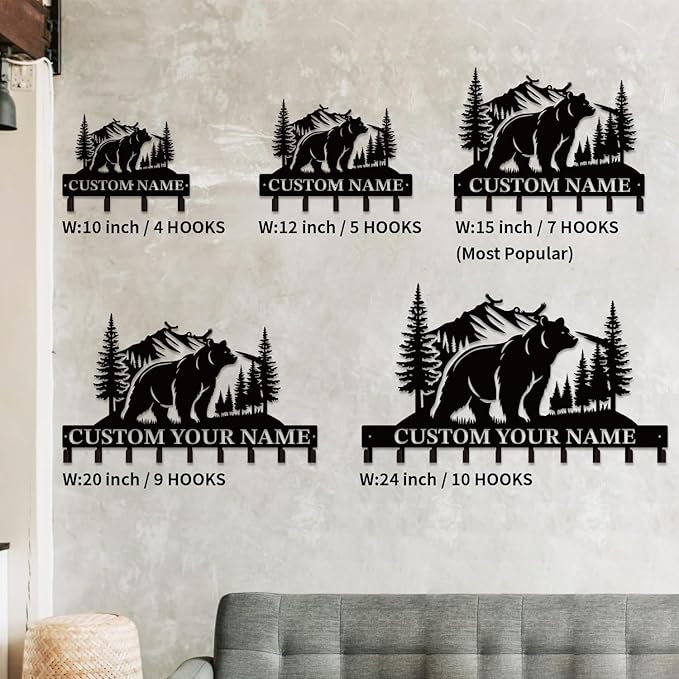 Personalized Custom Name Bear Key Wall Hooks,Metal Bear Keys Clothes Hooks,Metal Bear Wall Home Storage Decorative,For Front Door, Hallway, Kitchen, Bedroom,Keys,Hats (Style D)