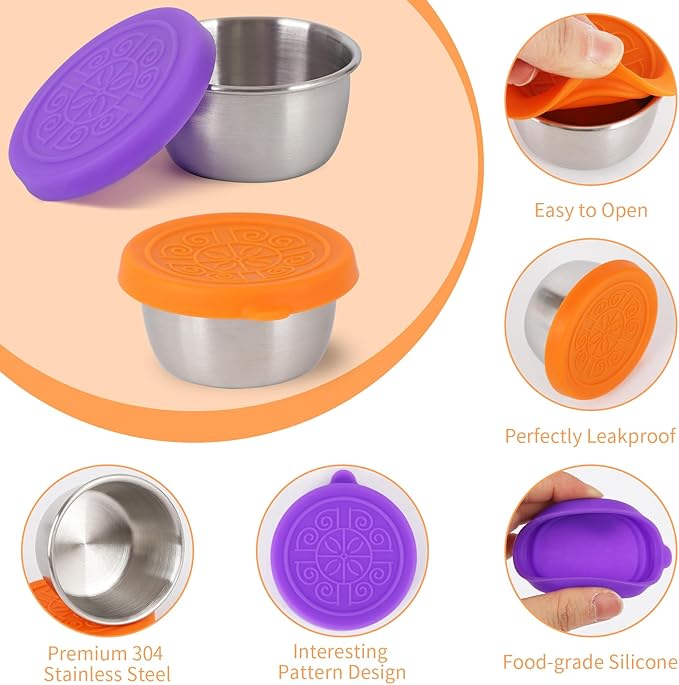 6 Pcs 304 Stainless Steel Condiment Containers With Silicone Sealing Lids, Reusable Snack Containers, Condiment Containers With Lids, Sauce Containers For Snacks, Dips, Travel And Outdoor Camping