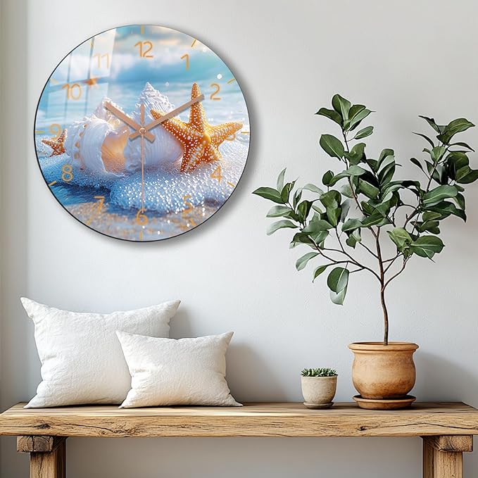 Coast Round Wall Clock 14 inch Wooden Beach Wall-Clock with Tempered Film Silent Analog Clock for Bedroom, Office, Living Room Decor