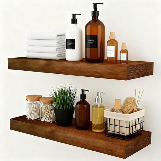 foxsky 16 Inch Solid Pine Wood Floating Shelves for Wall with Hidden Brackets, Rustic Farmhouse Wall Mounted Shelf for Bathroom, Living Room, Bedroom, Kitchen, Office Decor (Walnut)