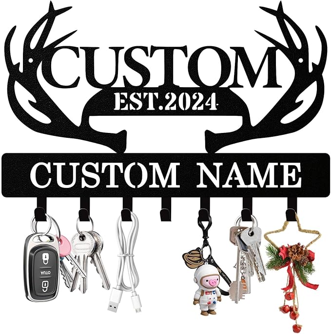 Personalized Deer Antler Key Holder Wall Mount, Custom Metal Keys Hanger for Wall with Name, Custom Key Rack Holder with Hooks for Entryway, Front Door, Hallway, Living Room, Kitchen