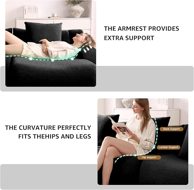 Black Cloud Couch Loveseat, Modern Teddy Fabric Boneless Sectional Sofa in a Box for Living Room, Modular Floor Couch, No Assembly Required, Sofas para Sala