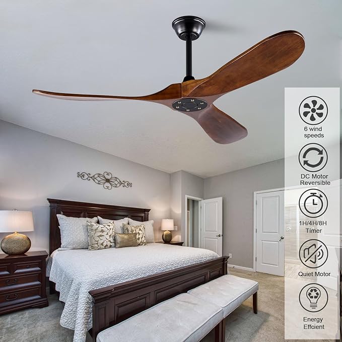52 inch Ceiling Fan without Light, Quiet Reversible DC Motor Wood Ceiling Fan no Light, 3 Blades Modern Ceiling Fan with Remote Control for Outdoor Indoor Farmhouse Patios