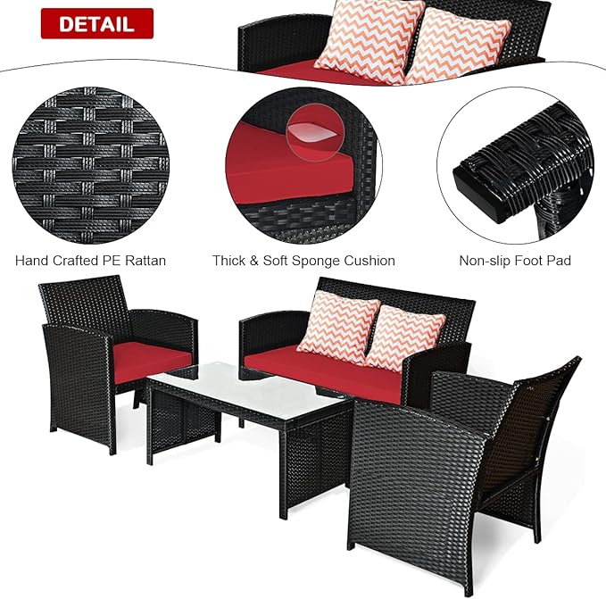 Tangkula Patio Wicker Conversation Furniture Set, Patiojoy Sofa & Table Set w/4 Seats, Outdoor Rattan Sofa Set for Balcony Backyard, Wicker Chair Set with Tempered Glass Coffee Table (1, Red)