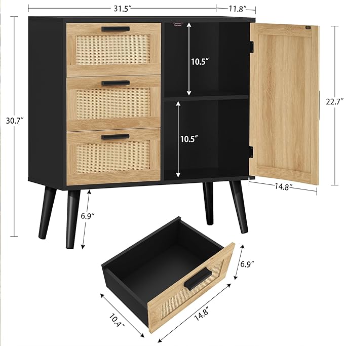 Iwell Storage Cabinet with Rattan Door & 3 Drawers, Rattan Cabinet with Adjustable Shelf, Sideboard Buffet Cabinets with Storage, Entryway Cabinets, for Living Room, Dining Room, Entryway, Black