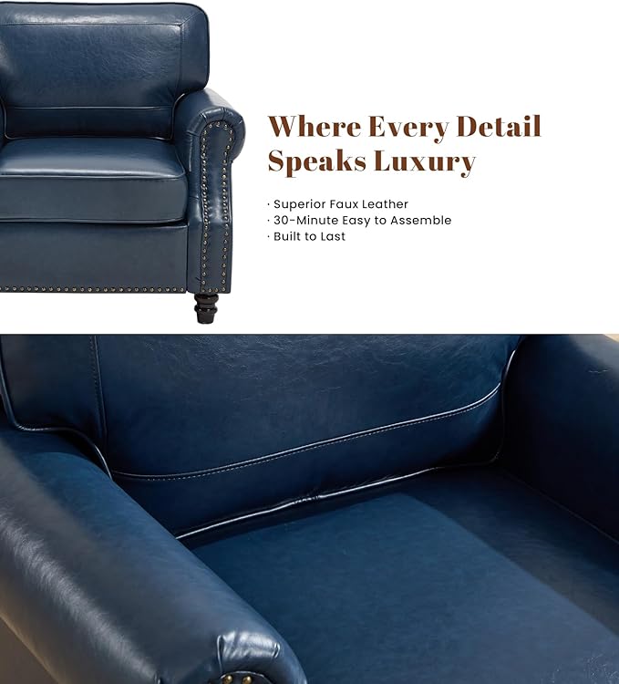 WILLOVE Accent Chair, Faux Letaher Arm Chair, Reading Chair for Living Room, Bedroom & Offcie, Blue