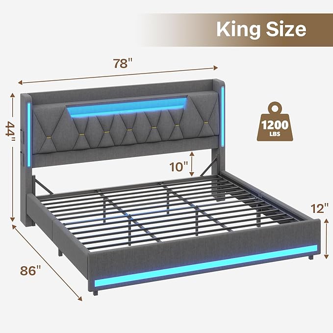 King Bed Frame, King Size Bed Frame with Storage Headboard and LED Lights, Charging Station, Metal Support, Noise-Free, Easy Assembly,Gray