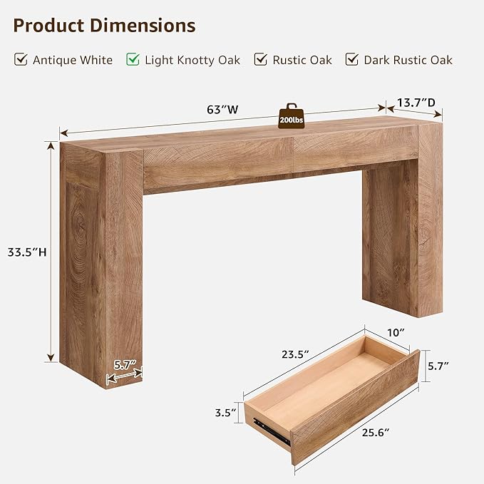 OKD Modern Entryway Console Table, Sofa Table with Drawers, 63" Long Hall Table Behind Couch, Thick Wood Design for Living Room, Hallway - Light Knotty Oak