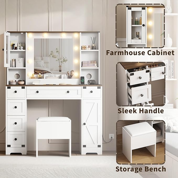 IDEALHOUSE Farmhouse Vanity Desk with Mirror and Lights, White Makeup Vanity Set with Stool, Power Outlet, 3 Color Lighting Modes Bulbs, Drawers & Cabinets, Dressing Table for Bedroom, White