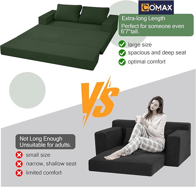 COMAX Convertible Sofa Bed Queen, Corduroy Folding Floor Couch Pull Out Couch Bed Futon Sleeper with Pillows, Fold Out Boneless Sofa Comfy Lounge Mattress Loveseat for Living Room Bedroom, Green