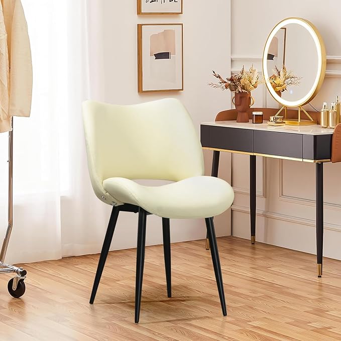 Modern Upholstered Dining Chairs Set of 2 Accent Dinner Chair with Pu Faux Leather and Middle Curved Back for Kitchen Living Room Bedroom (Beige)