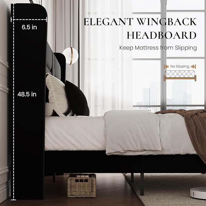 SHA CERLIN Full Size Bed Frame with Charging Station & Storage Headboard, Velvet Platform Bed with Upholstered Modern Wingback Design, Wooden Slats Support, No Box Spring Needed, Easy Assembly, Black