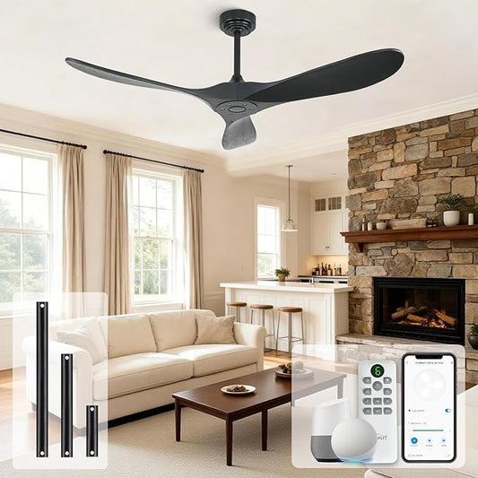 Smart Ceiling Fan no Light, 52 Inch Outdoor Ceiling Fan Without Light, Compatible with Alexa/Google/App, 3 Solid Wood Blades, Modern Wood Fan for Patio, Bedroom, Living Room, Black