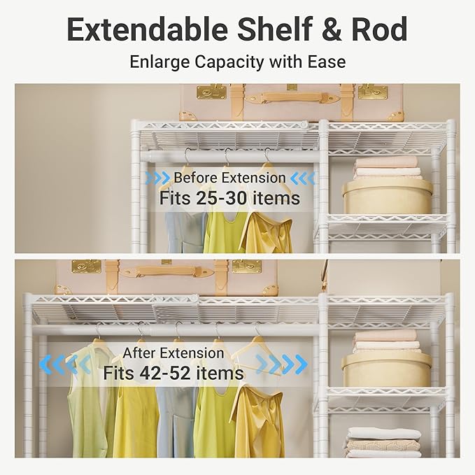 VIPEK X2 Expandable Reach-in Closet Racks Adjustable from 3'3" to 4'8" Portable Open Walk-in Closet Rack System with Flexible Shelves and Hanger Rods Clothing Rack for Hanging Clothes, White