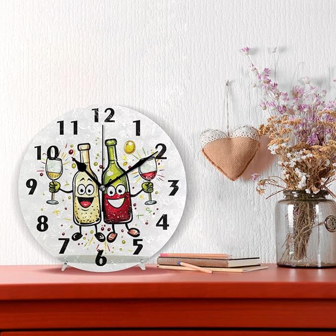 Cute Wine Bottle Wall Clock Round Silent Non-Ticking Battery Operated Clocks 10 Inch White Black Home Decor for Kitchen Bedroom Living Room