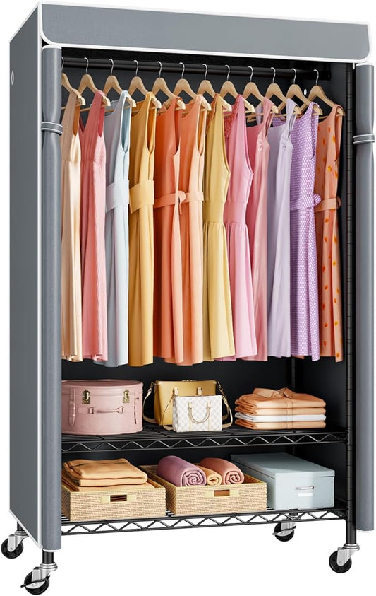 P6C Rolling Clothes Rack with Cover, Covered Clothing Racks Heavy Duty, Portable Closet for Hanging Clothes, Garment Racks on Wheels, Black Closet Rack with Gray Cover, Max Load 365LBS