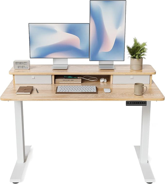 FEZIBO 48 x 24 Inch Height Adjustable Electric Standing Desk with Double Drawer, Computer Desk, Home Office Stand Up Table with 4 Height-Adjustable Feets & 2 Hooks, Maple