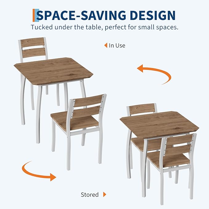 GAOMON Dining Table Set for 2, 3 Piece Small Kitchen Table and 2 Chairs with Metal Frame & Wood Grain Tabletop, Space-Saving for Small Space, Apartment, Kitchen, Dining Room, White/Natural