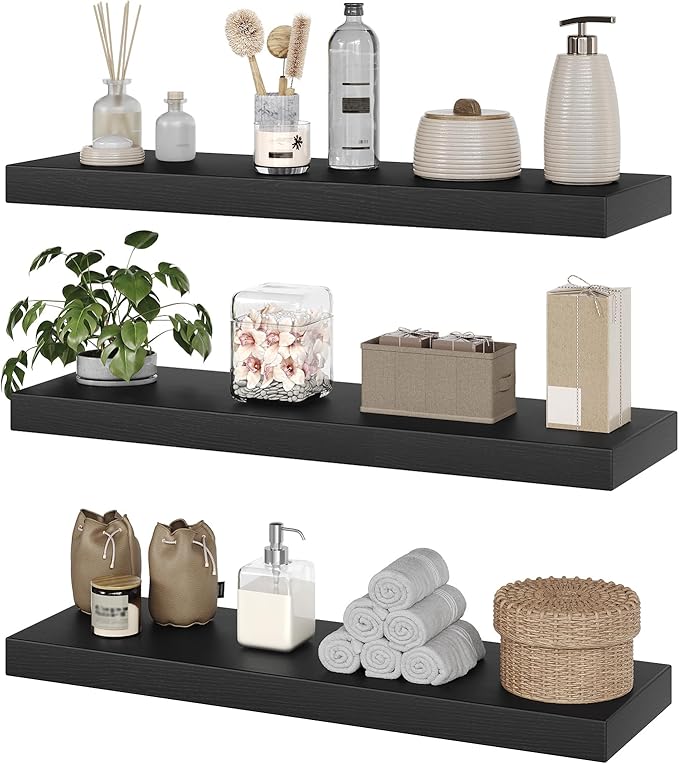 Floating Shelves for Wall, 1.5" Thick Wall Shelf Set of 3 with Invisible Brackets, 23.6L x 7.9W Hanging Book Shelves Farmhouse Home Decor for Bathroom, Living Room, Bedroom, Black 6301BJP3BK