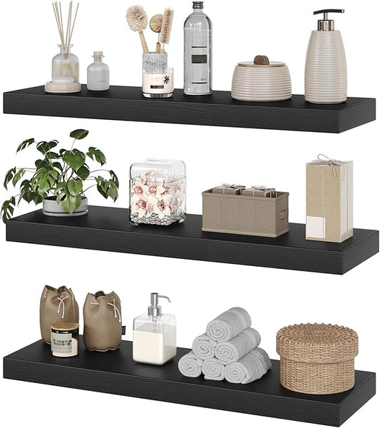 Floating Shelves for Wall, 1.5" Thick Wall Shelf Set of 3 with Invisible Brackets, 23.6L x 7.9W Hanging Book Shelves Farmhouse Home Decor for Bathroom, Living Room, Bedroom, Black 6301BJP3BK