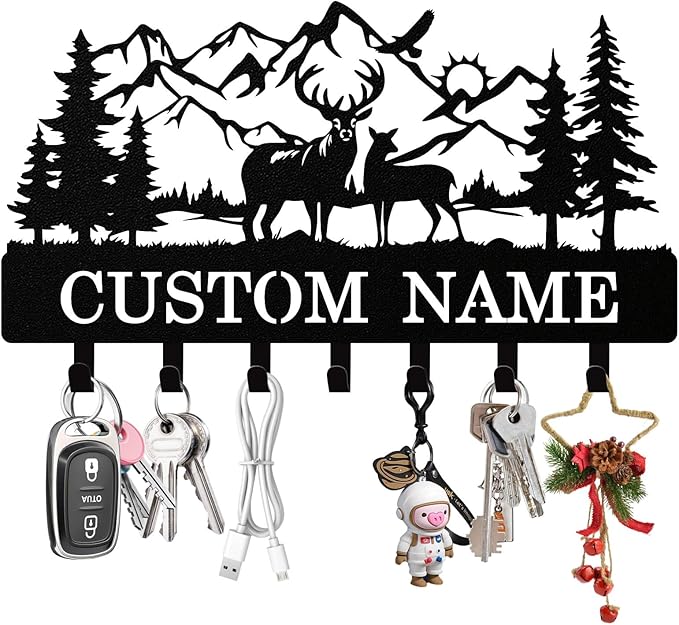 Personalized Deer Forest Key Holder Wall Mount, Custom Metal Keys Hanger for Wall with Name, Custom Key Rack Holder with Hooks for Entryway, Front Door, Hallway, Living Room, Kitchen