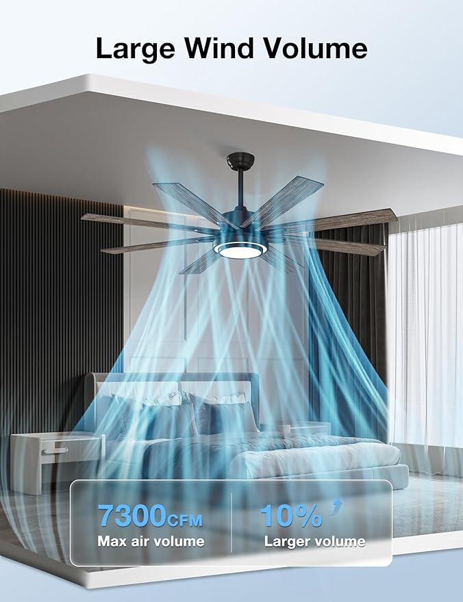 warmiplanet 62 Inch Indoor Ceiling Fans with Lights, 6 Speeds Slient Reversible DC Motor, 3 Color Dimmable LED Light, Timer, Black, 8 Blades