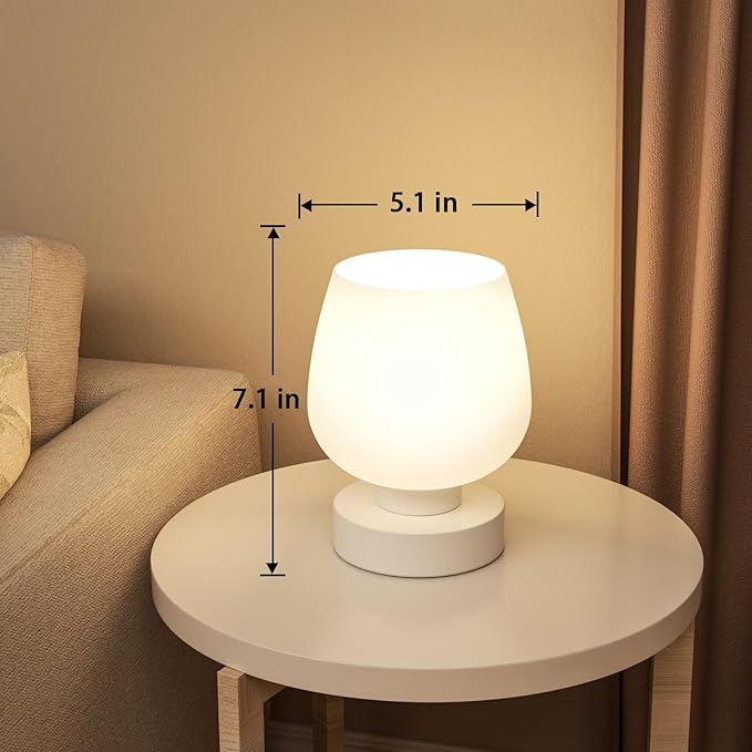 Seealle Touch Bedside Table Lamp Set of 2 - Small Bedside Lamp for Bedroom Living Room Night Stands, Desk Lamp with White Glass Shade for Small Spaces, 3 Way Dimmable, LED Bulbs, Gifts