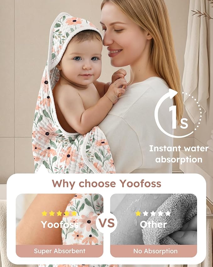 Yoofoss Hooded Baby Towels for Newborn 2 Pack 100% Muslin Organic Cotton Baby Bath Towel with Hood for Babies, Infant, Toddler and Kids, Large 32x32Inch, Soft and Absorbent Newborn Essential