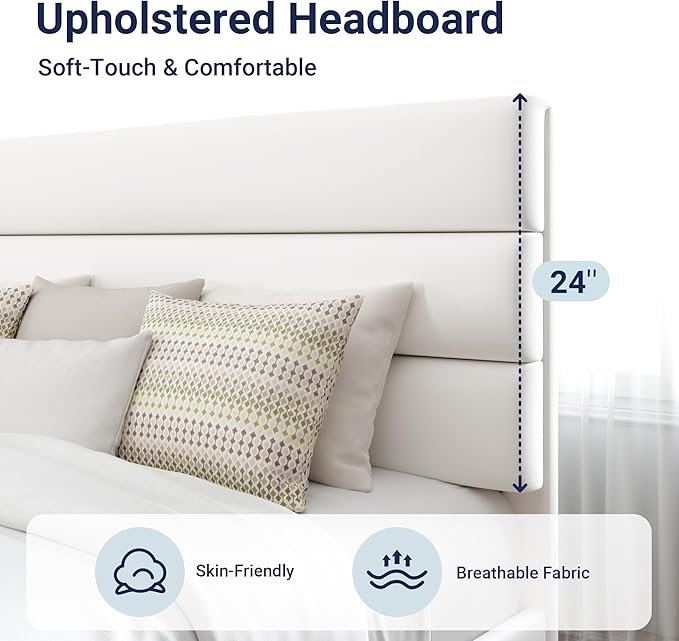 Allewie King Size Platform Bed Frame with Velvet Upholstered Headboard and Wooden Slats Support, Fully Upholstered Mattress Foundation/No Box Spring Needed/Easy Assembly, White