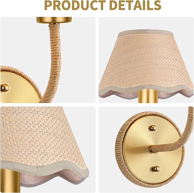 Boho Hand Woven Rattan Wall Sconces Set of Two Gold Rustic Wall Lamp with Grass-Woven Lampshade Hardwire Brass Farmhouse Wall Lights for Bedroom Living Room Hallway Vanity