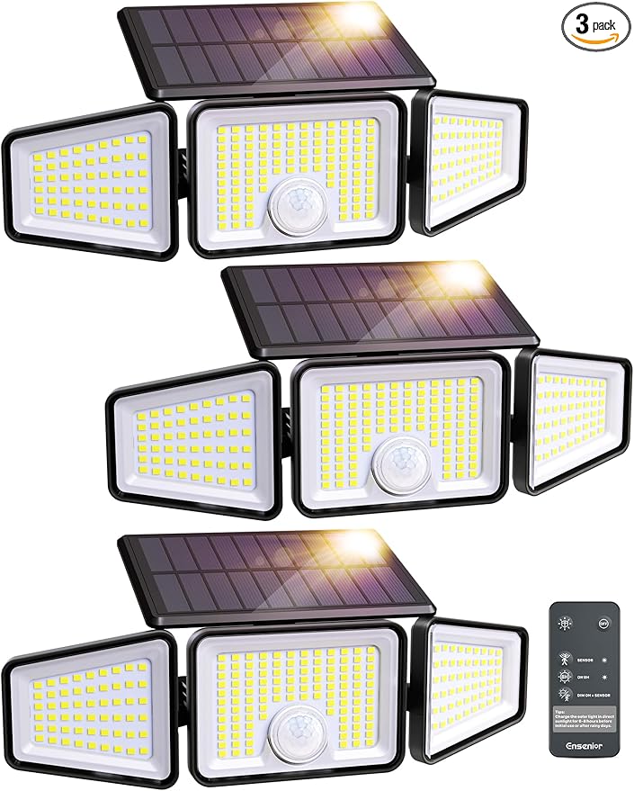 Ensenior Motion Sensor Outdoor Lights, 220 LED IP65 Waterproof Solar Security Light with Remote Control, 3 Heads Solar Flood Light Outdoor with 4 Modes, 270° Wide Angle Motion Light for Outside -3Pack