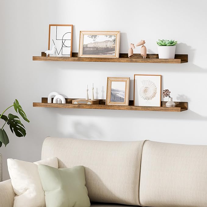 upsimples Floating Shelves for Wall, 35.5 Inch Shelves for Decor Storage Set of 6, Wall Mounted Wood Shelf for Bedroom, Living Room, Bathroom, Kitchen, Long Picture Ledge Shelves, Brown