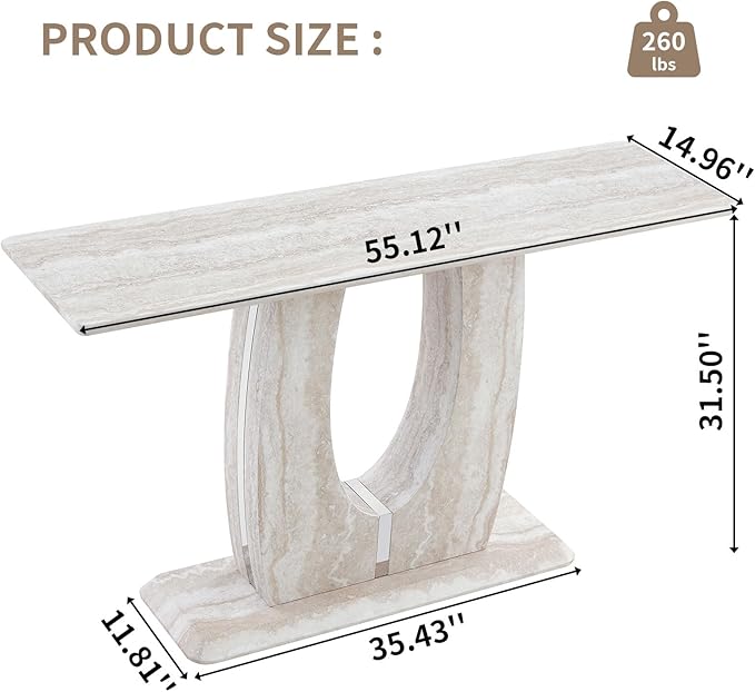 LKTART 55" MDF Console Table for Entryway, Narrow Entryway Table with Faux Mars Marble Pattern, Couch Tables Behind Sofa with U-Shaped Base for Living Room Hallway Foyer, Light
