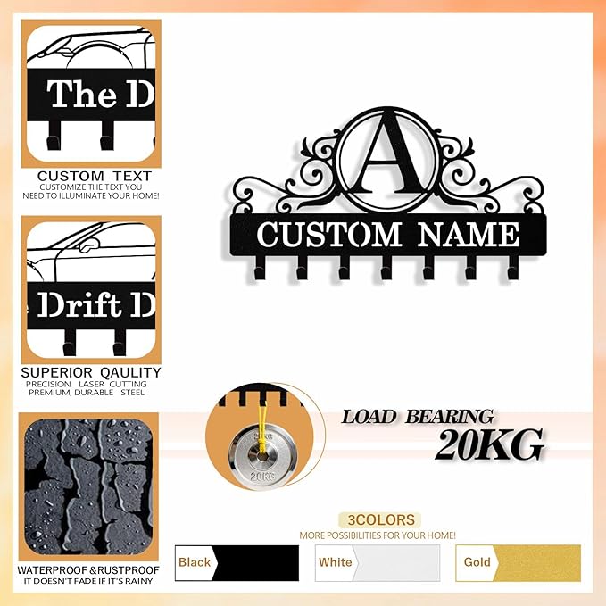 Personalized Key Holder Wall Mount, Custom Metal Keys Hanger for Wall with Name, Name Background Letter Theme Key Rack Holder with Hooks for Home, Entryway, Front Door, Living Room, Kitchen, Bathroom