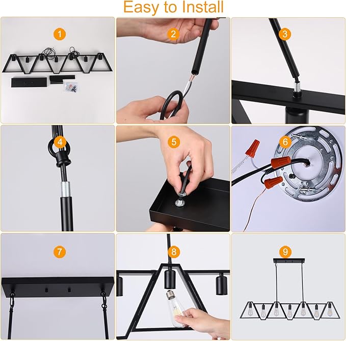 Dining Room Light Fixture, Kitchen Island Lighting with Adjustable Rods, Modern Chandelier Pendant Lamp Over Table (Black, 7 Light)