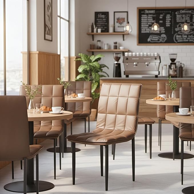 Dining Chairs Set of 2, PU Leather Upholstered Kitchen Chair with Metal Legs, Modern Accent Chairs, Brown Dinner Chairs for Kitchen, Dining Room, Restaurant, Cafe, Bedroom, Balcony, Courtyard
