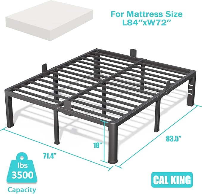 18 Inch California King Bed Frame with Rounded Corner and Headboard Hole Mattress Retainers 3500 lbs Heavy Duty Support Metal Platform Bed Frame Noise Free No Box Spring Needed Easy Assembly