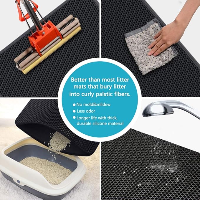 Large Cat Litter Box Mat: Easy Clean Kitty Litter Trapping Mat for Floor, Plastic Cat Box Pad (24 * 30in-Black-1)