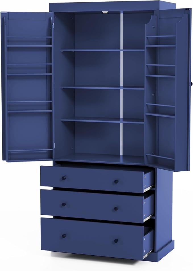 Merax 77" Tall Kitchen Storage Cabinet Pantry Farmhouse Freestanding Large Cupboard with 3 Drawers,Adjustable Shelves,8 Door-Shelf for Dining Room