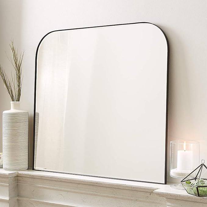 32x40'' Large Matt Black Arched Mantel Mirror Arch Rounded Corner Mirror for Bathroom, Living Room or Powder Room
