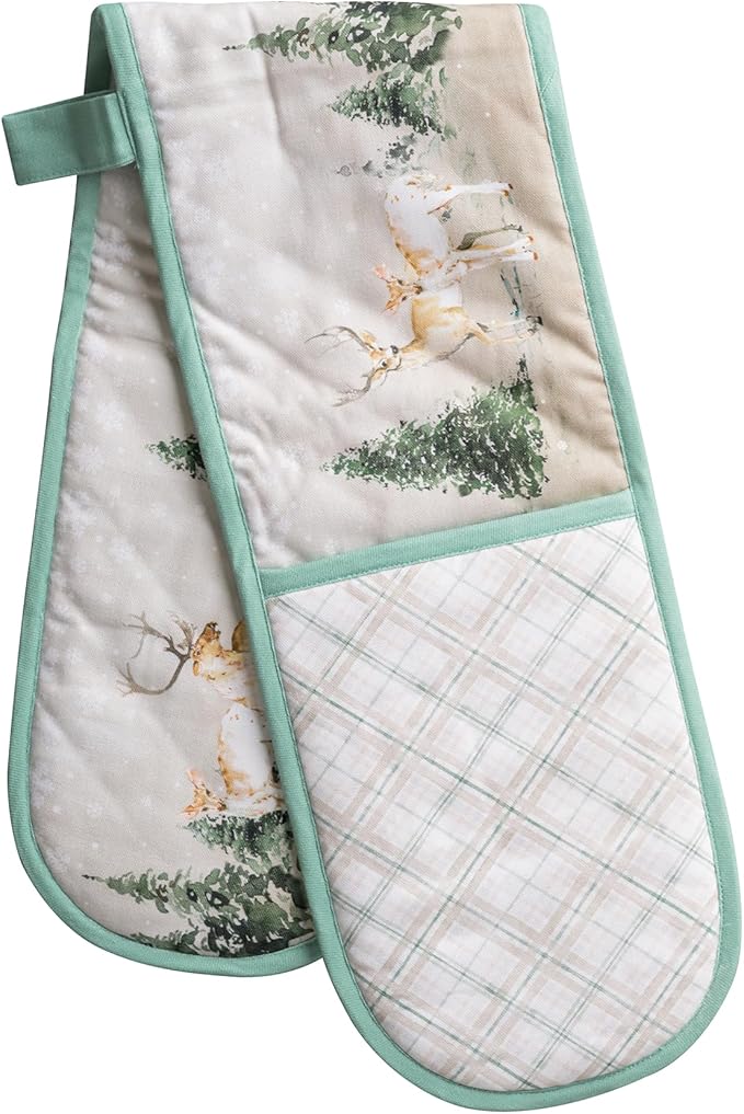 Maison d' Hermine Double Oven Mitt (7" x 35") 100% Cotton Heat Resistant BBQ Cooking Gloves with Loop for Thanksgiving Christmas Decorations Baking Cooking Handling Hot Pan (Deer in The Woods)