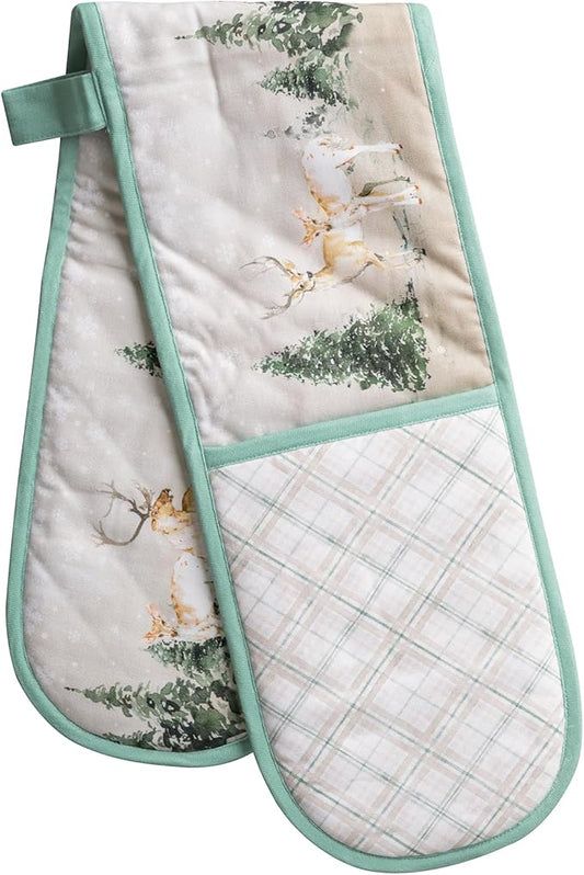 Maison d' Hermine Double Oven Mitt (7" x 35") 100% Cotton Heat Resistant BBQ Cooking Gloves with Loop for Thanksgiving Christmas Decorations Baking Cooking Handling Hot Pan (Deer in The Woods)