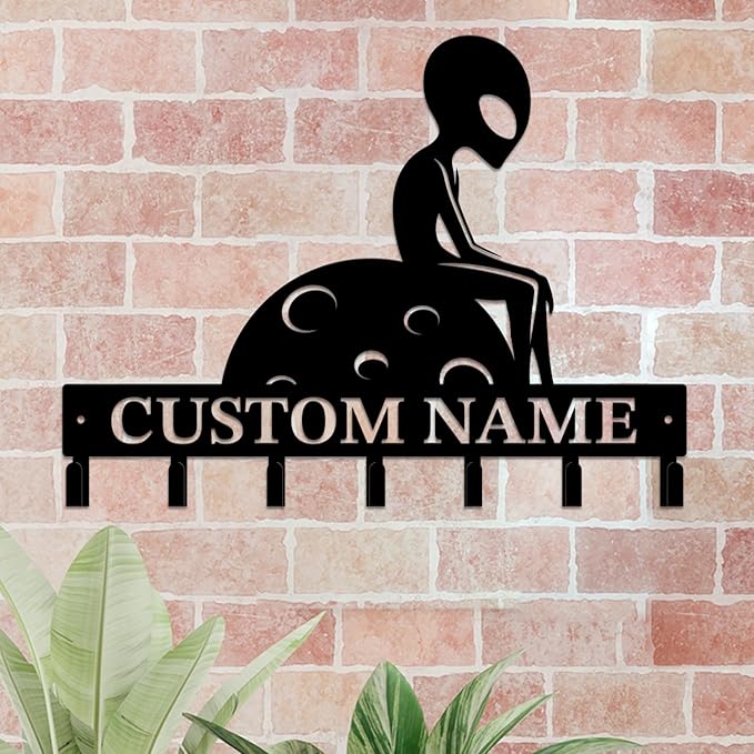 Personalized Custom Alien ET Metal Wall Keys Hooks,Clothes Hooks Alien ET Art coat racks,door holder,Black Alien ET decorations for home,Entrance doors,Hallway, Bedroom,Keys,Hats (Style D)