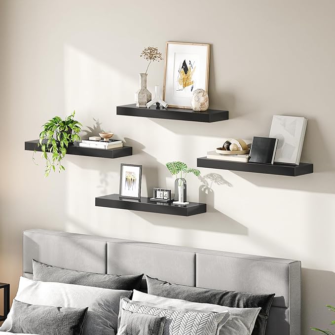 HOOBRO Floating Shelves for Wall, Wall Mounted Shelf Set of 2, 23.6" Hanging Shelf with Invisible Brackets, for Wall in Bathroom, Bedroom, Toilet, Kitchen, Living Room, Office, Black BK60BJ01