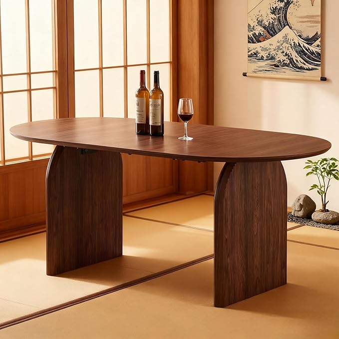 71'' Wood Dining Table,Oval Kitchen Table for 6-8,Walnut Table with Dual Pedestal Base,Farmhouse Dining Table Ideal for Kitchen,Dining Room(Easy to Assemble)