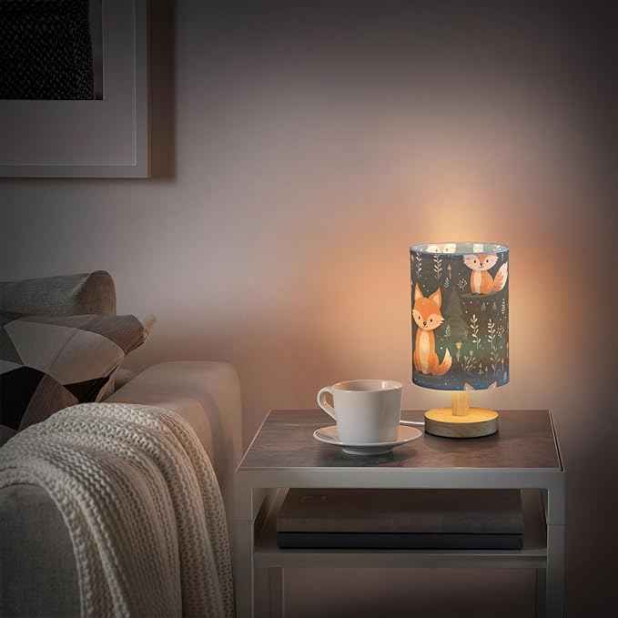 Bedside Lamp Cute Fox Animal Table Lamp with USB Port Wood Base for Living