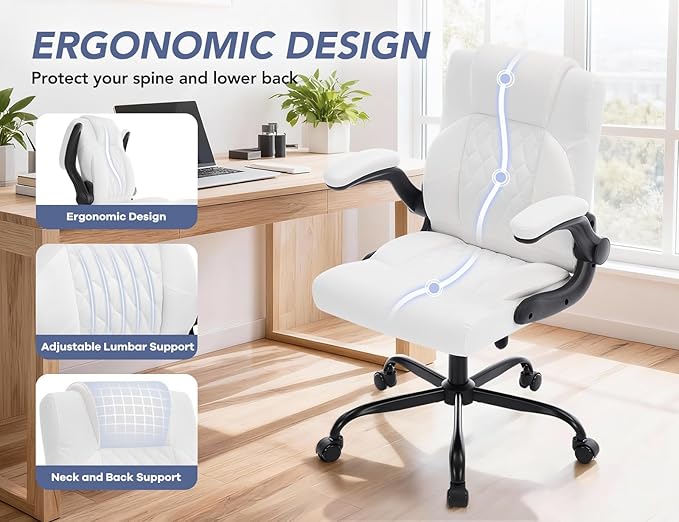Office Chair with Adjustable Lumbar Support,Leather Ergonomic Computer Desk Chair with Flip-up Arms,Adjustable Tilt Lock,Swivel Rolling Executive PC Chair for Work, Study,Meeting,Small Space.White